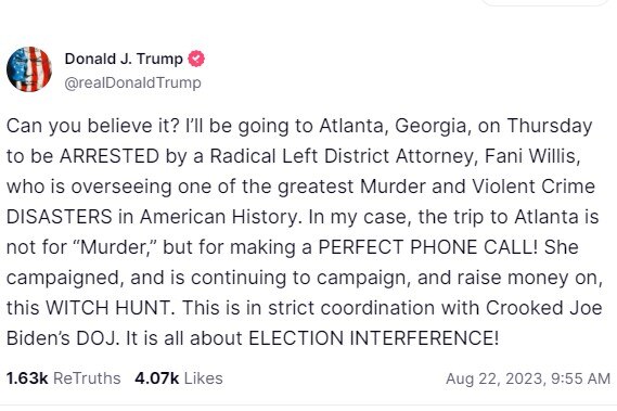 A social media post from Donald Trump, announcing he will surrender to police in Atlanta