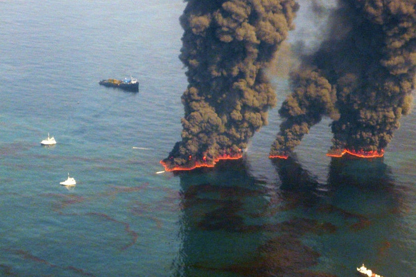 Crews conduct controlled burns in the Gulf of Mexico after the Deepwater Horizon incident.