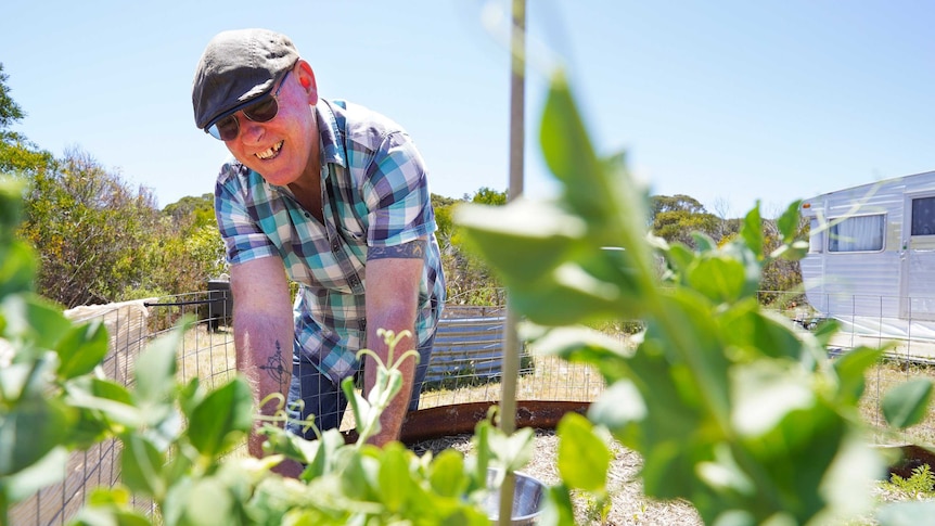 Brenton Lynch-Rhodes smiles as he cuts off some lettuce leaves from his garden for lunch.