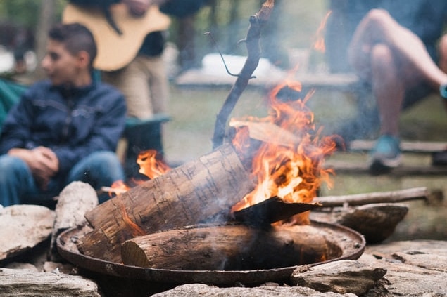 A bonfire on a camping trip.