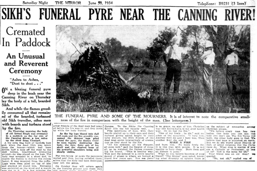 A 1934 newspaper report about the cremation by the Canning River