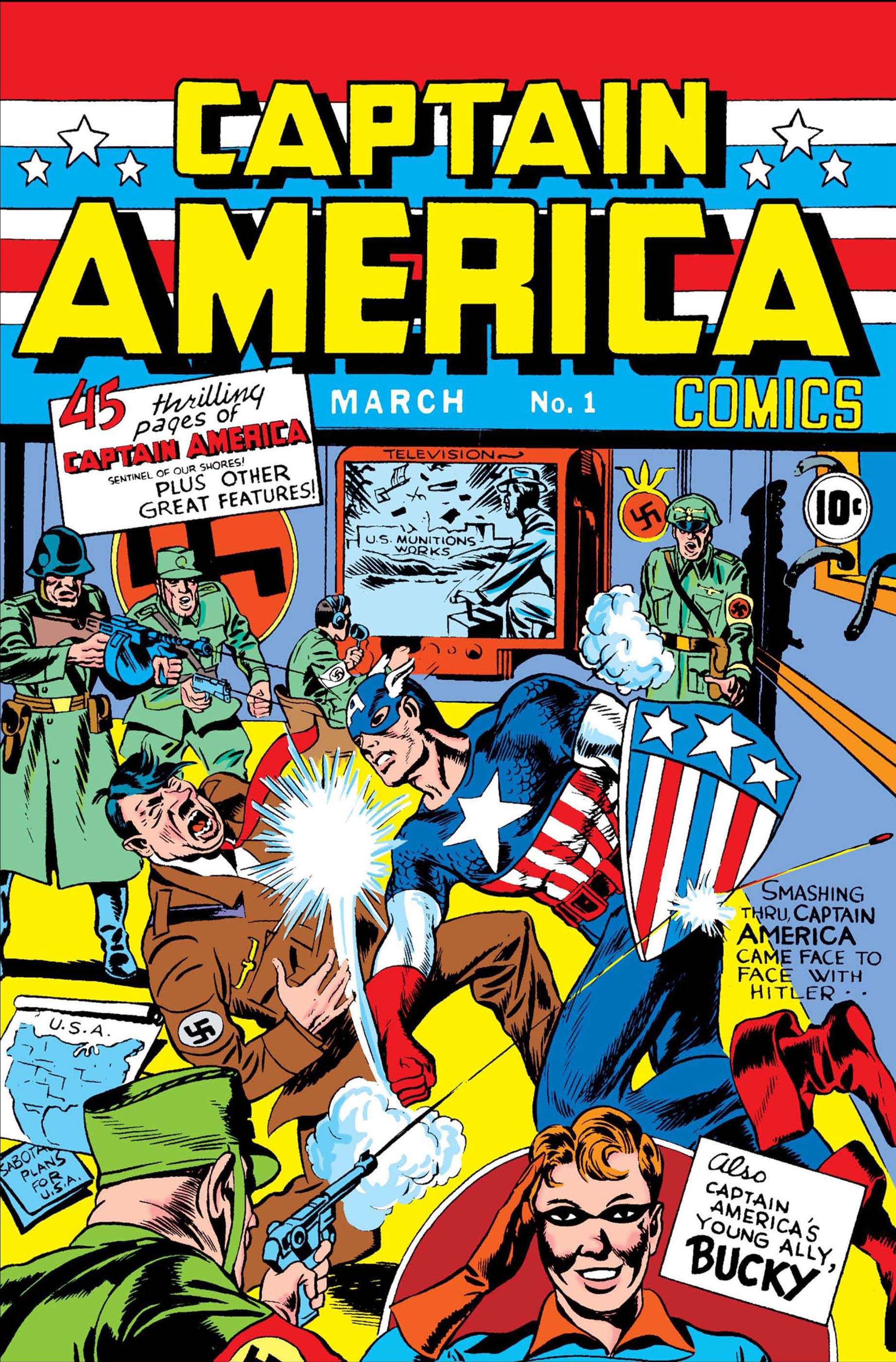 A comic book cover shows Captain America punching Hitler in the face.