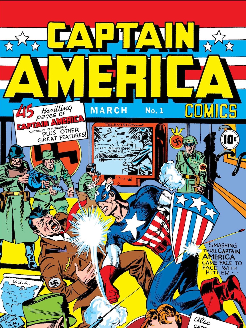 A comic book cover shows Captain America punching Hitler in the face.