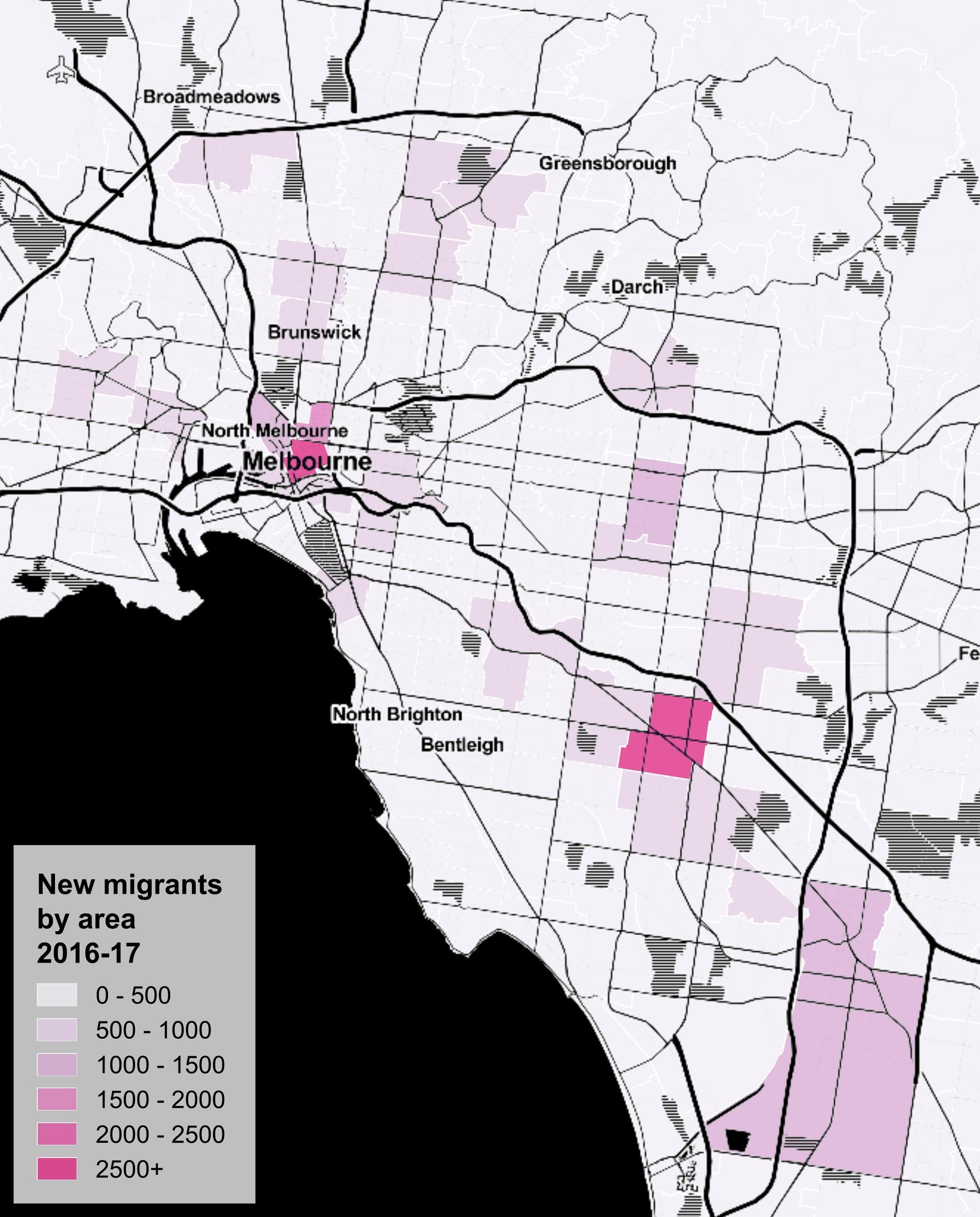 Map of Melbourne showing high numbers of migrants settling in the CBD and Clayton