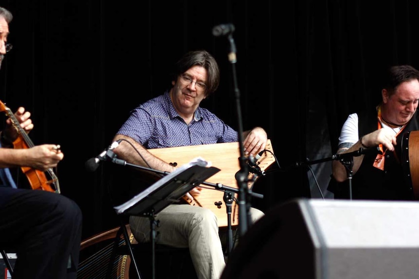 Jordi Savall (left) performs with harpist Andrew Lawrence-King and bodhran player Frank McGuire at Womadelaide, 2013, for The Music Show.