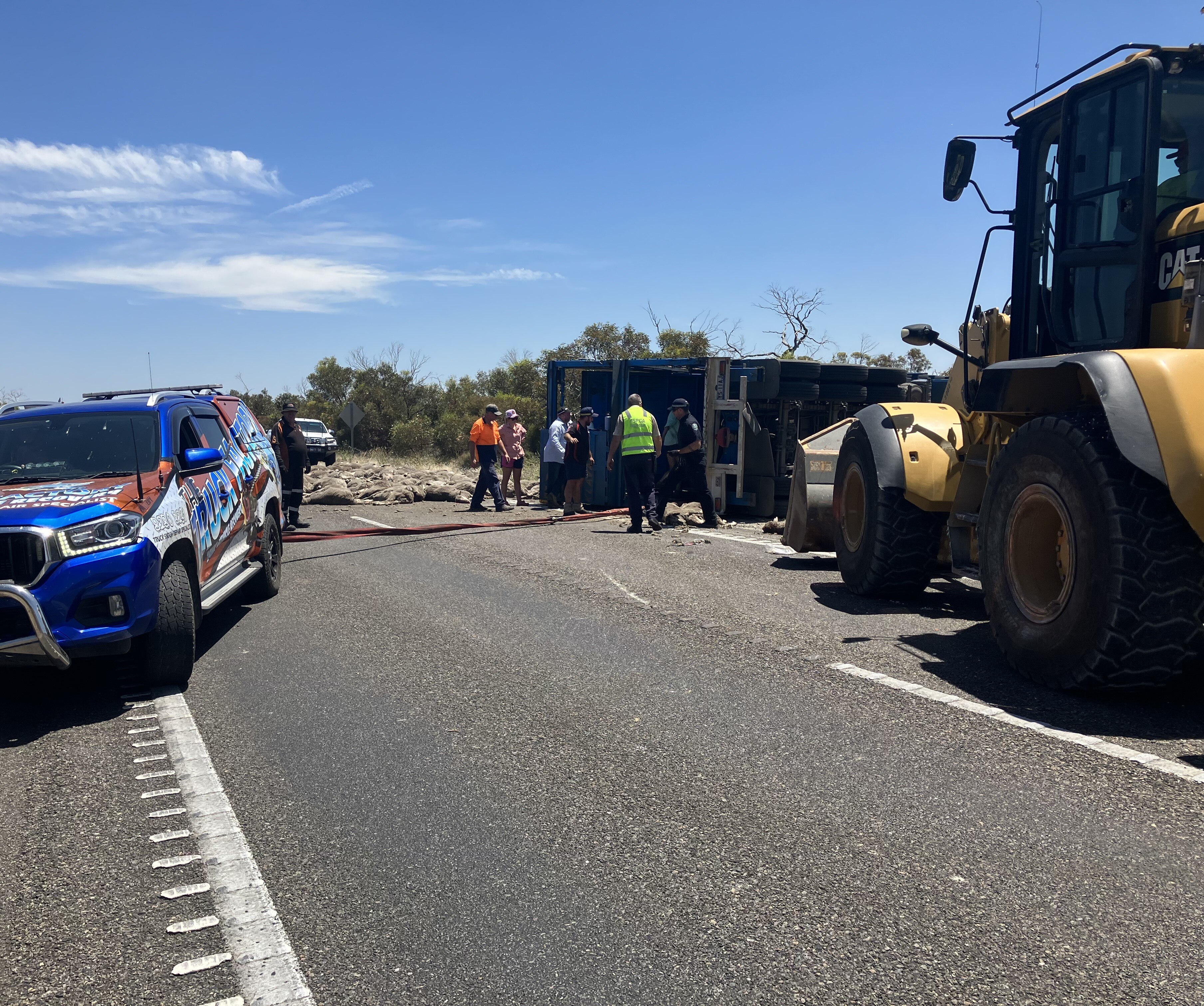 A car, tractor and rolled truck with people in the foreground and numerous sheep laying on the road in the background
