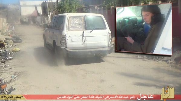 An image purportedly showing Melbourne teenager Jake Bilardi at the wheel of a vehicle used in a suspected suicide bombing