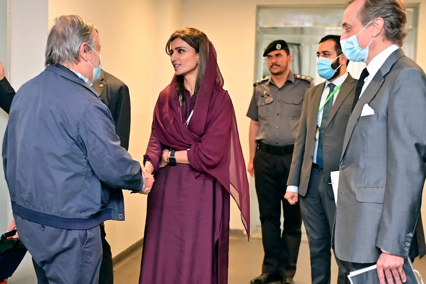 A woman in middle eastern head scarf shakes hands with a man while surrounded by men in suits and uniforms