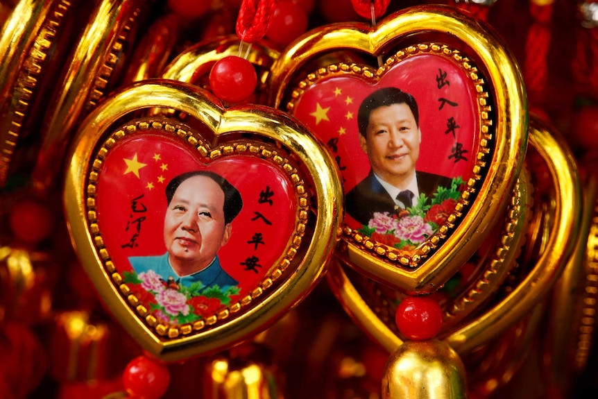 Images of Mao Zedong and Xi Jinping appear in souvenirs