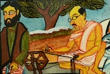 Painting of a Gandhi spinning cotton.