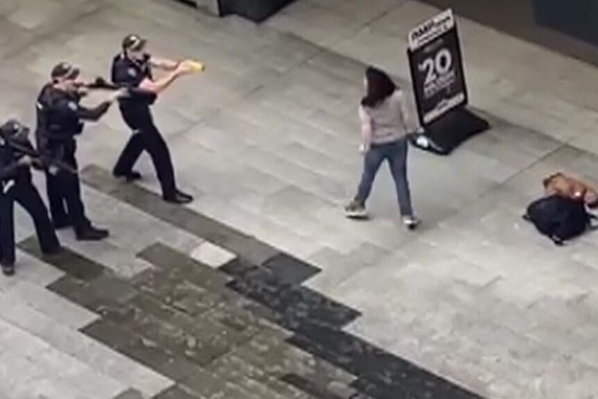 three police officers pointing guns and a taser at a woman