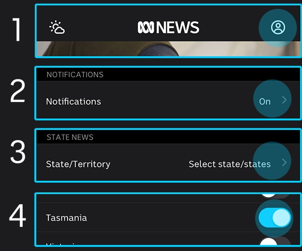Pasos para recibir alertas de Tasmania en la aplicación ABC News.
