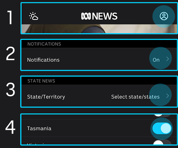 Pasos para recibir alertas de Tasmania en la aplicación ABC News.