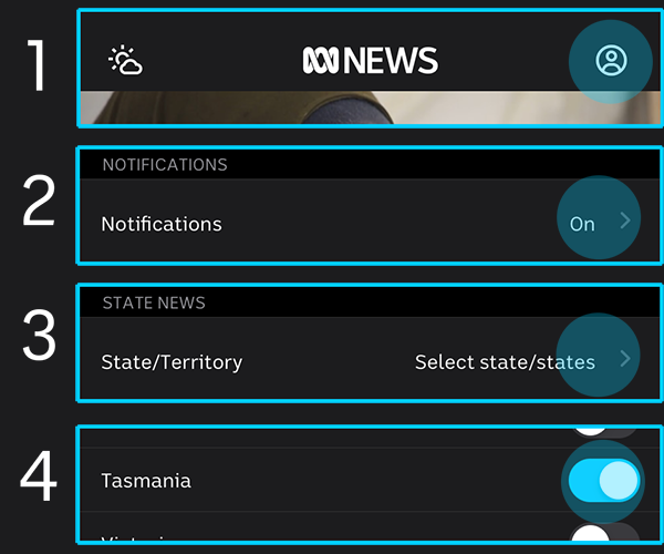 Étapes pour obtenir des alertes de Tasmanie sur l'application ABC News.