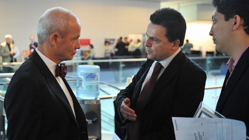 Nick Xenophon and Simon Sheikh speak with Woolworths chairman James Strong