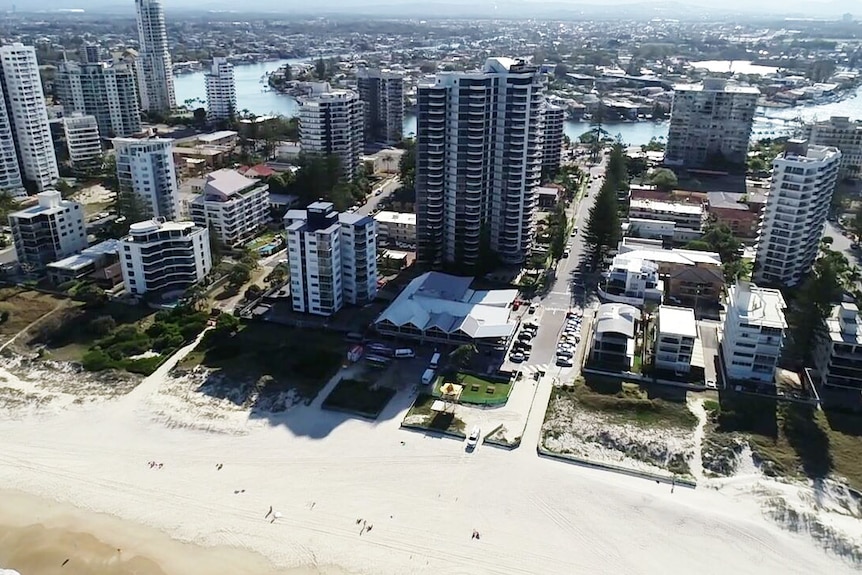 Aerial image showing high-rise unit complexes in Surfers Paradise on Queensland's Gold Coast on April 29, 2020.