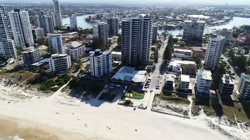 Aerial image showing high-rise unit complexes in Surfers Paradise on Queensland's Gold Coast on April 29, 2020.