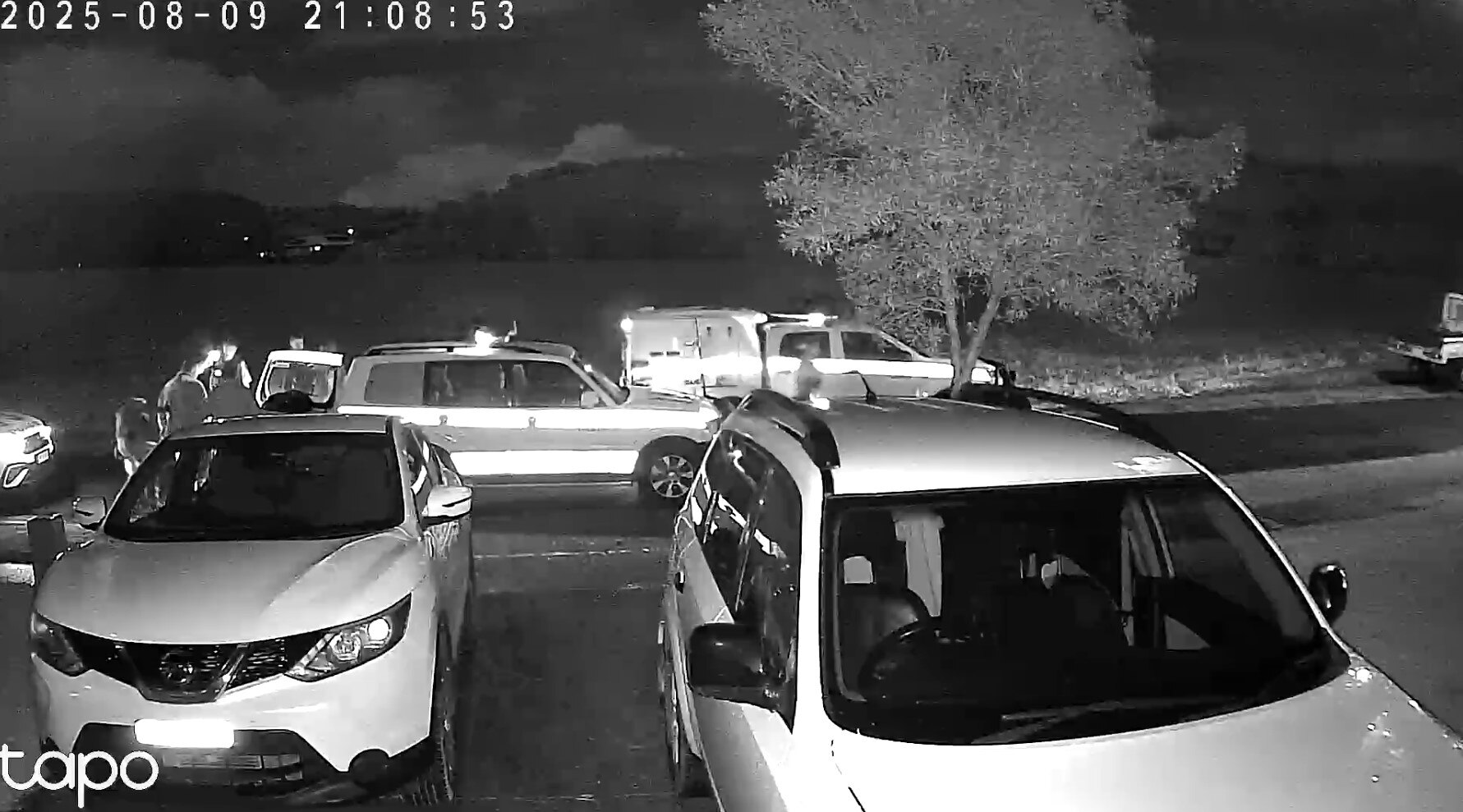 Small group of people standing at rear of police vehicle in security vision.