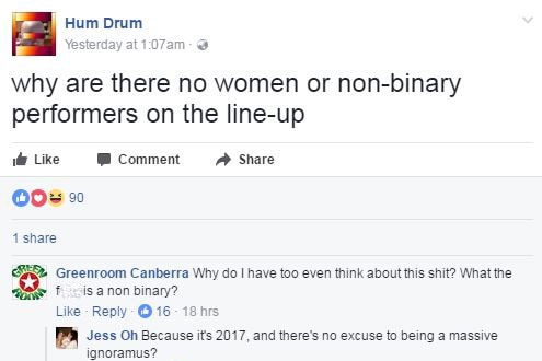 The Facebook post on the final ANU Bar gig's all-male line-up.