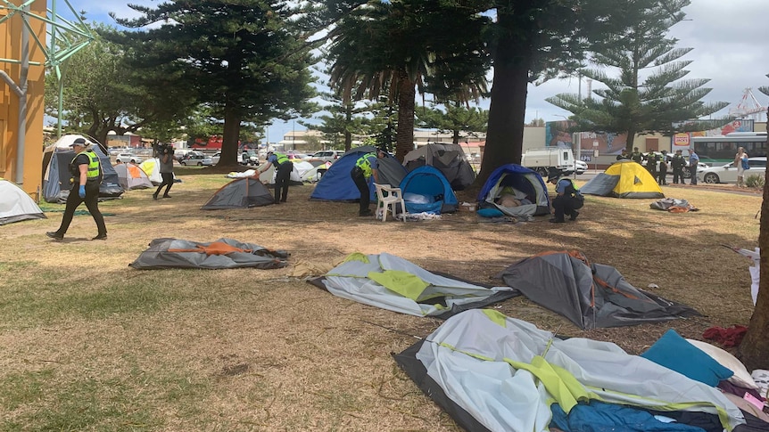 A number of tents lay flat on the grass at Pioneer Park.