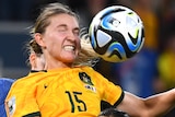 Clare Hunt of Australia heads the ball during the FIFA Women's World Cup 2023 