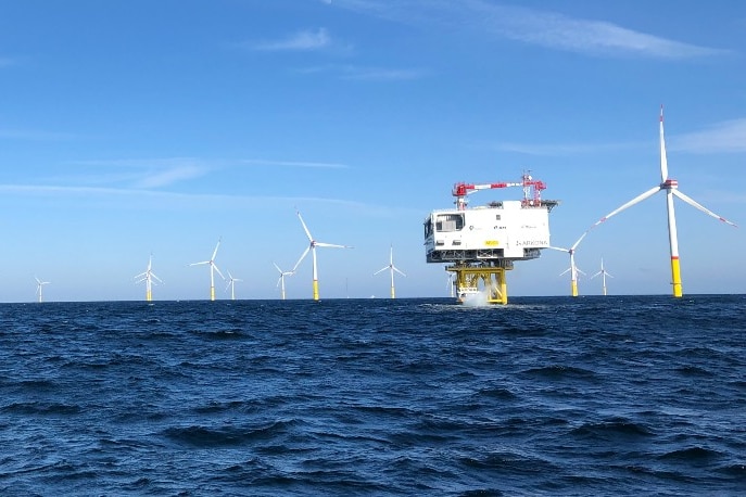 Lage wind turbines operating at sea.