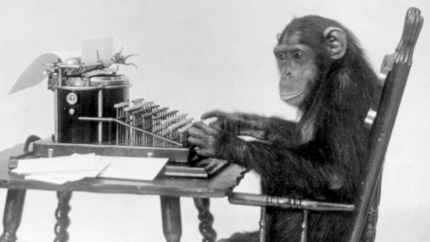 A black and white photo of a chimpanzee seated at a typewriter.