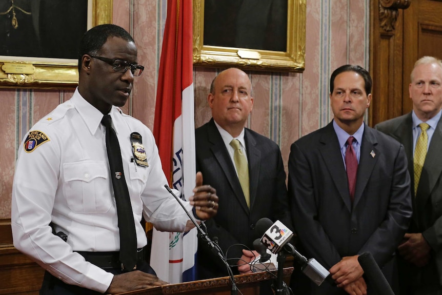 Cleveland Police Chief Calvin Williams answers questions during a news conference.