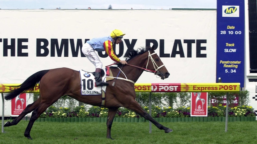 Sunline, ridden by Greg Childs, wins the Cox Plate at Moonee Valley on October 28, 2000.