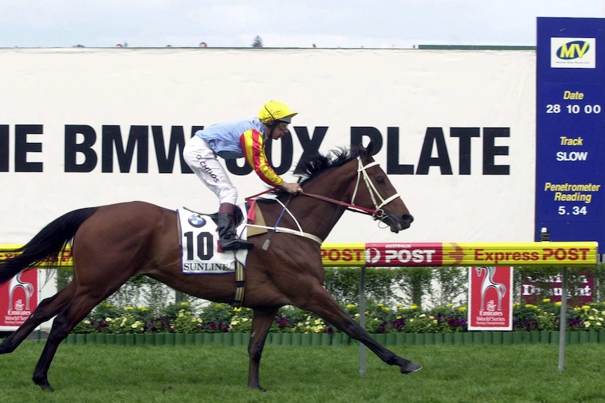 Sunline, ridden by Greg Childs, wins the Cox Plate at Moonee Valley on October 28, 2000.
