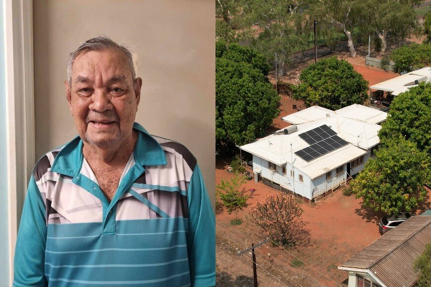 A composite image of Leonard O'Meara and a drone shot of his house in Derby, WA.