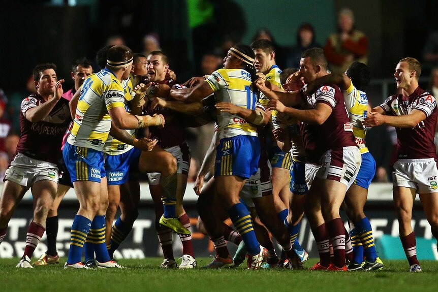 A melee between Manly and Parramatta after Mitchell Allgood punched Manly's Steve Matai.