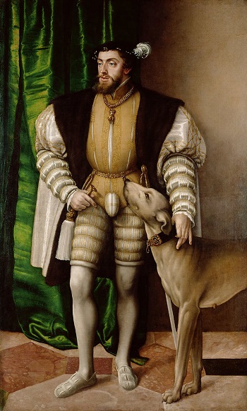 A painting of a fancy looking man with a prominent genital covering