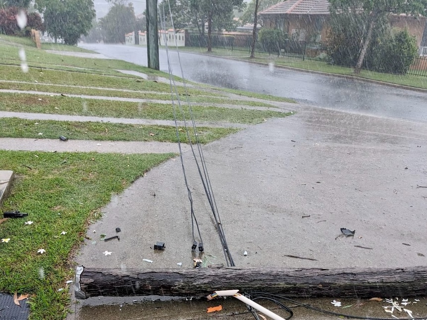 A power pole downed by high winds as the storm hits Coorparoo