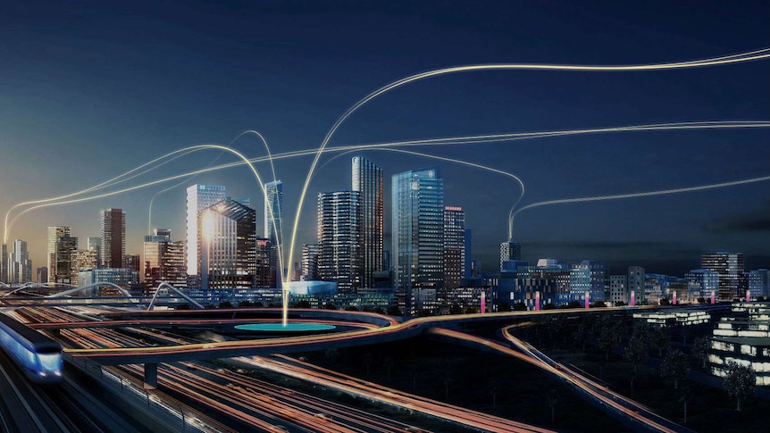 A digital image of light paths across a city skyline at dusk, leading back to a landing pad.
