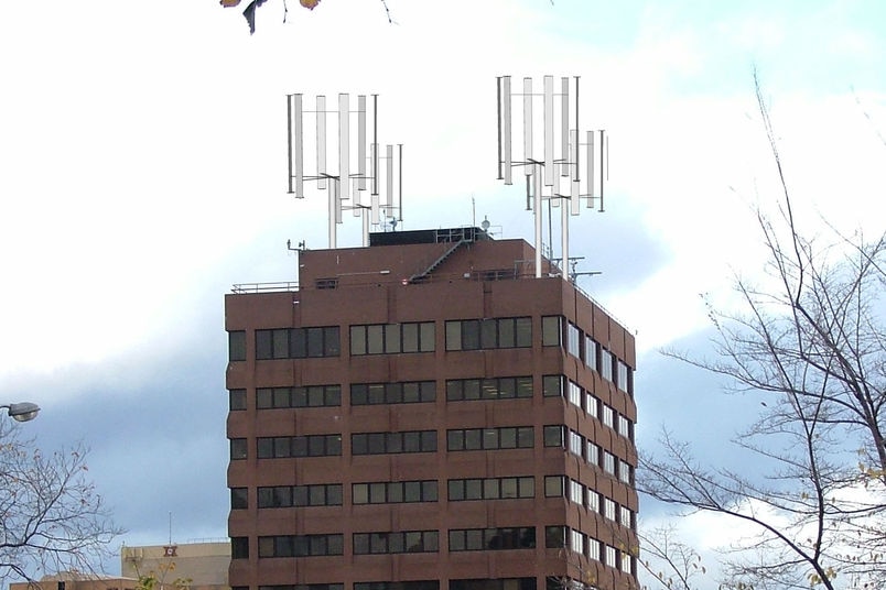 Hobart's Marine Board building, architect's graphic with wind turbines on roof.