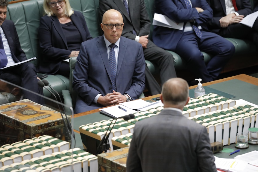 Peter Dutton sits across the House of Representatives table from Anthony Albanese.