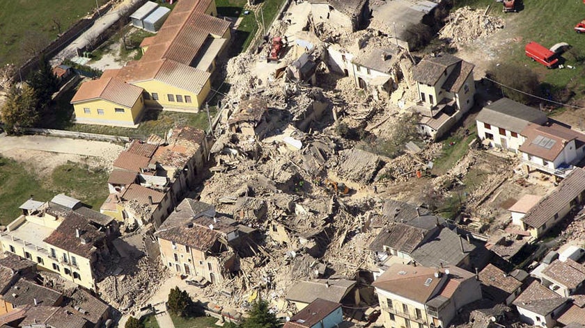 Aerial view of collapsed buildings around L'Aquila, Italy