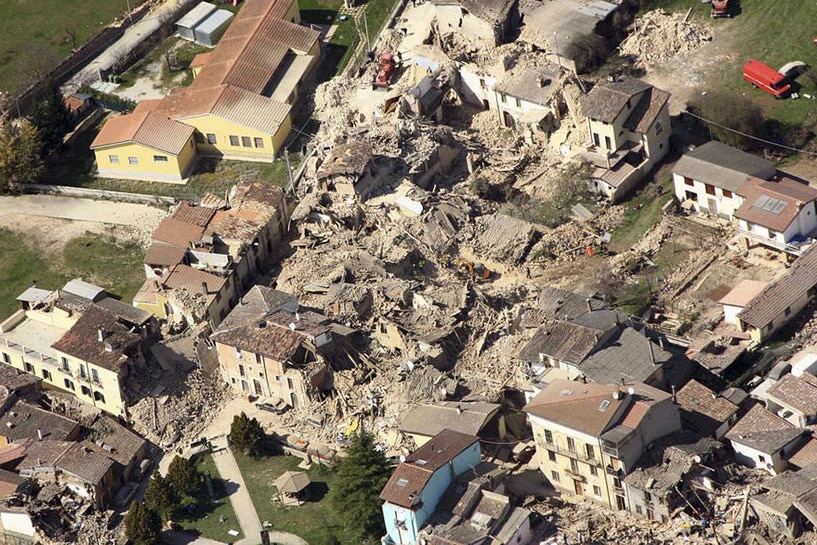 Aerial view of collapsed buildings around L'Aquila, Italy