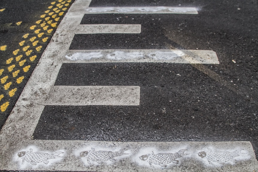 Small fish have been stencilled onto the road of Eagle Lane.