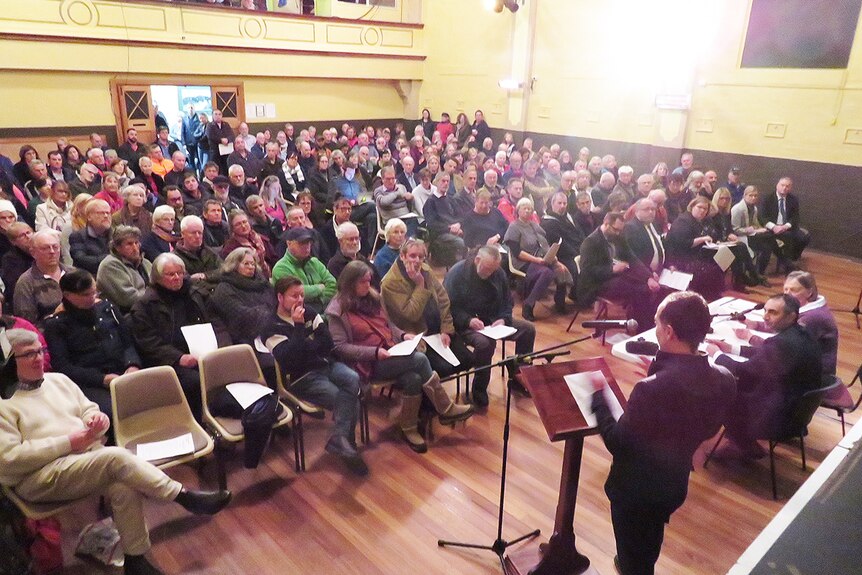 Meeting at Huonville Town Hall, to debate woodchip proposal at Dover.