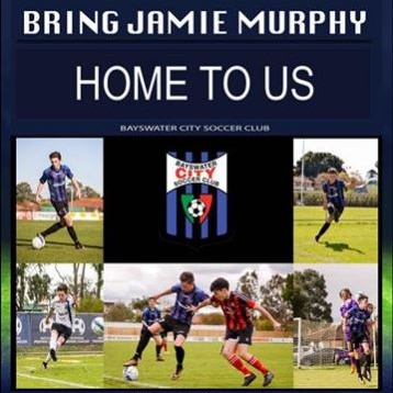 A compilation of photos of Jamie Murphy, saying 'bring him home'  on the Bayswater City Soccer Club.