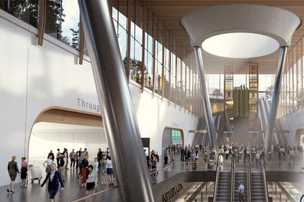An artist's impression of the inside of a new proposed underground train station at Melbourne Airport.