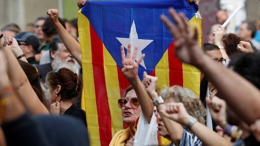 Protesters hold up three fingers in front of a red, yellow and blue flag.