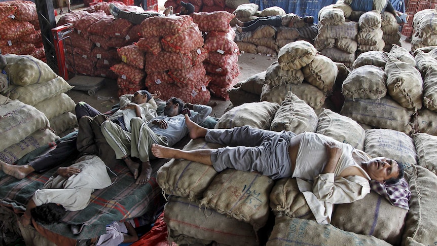 Vendors take a nap on stacked sacks of vegetables at a wholesale market in Chandigarh, India.