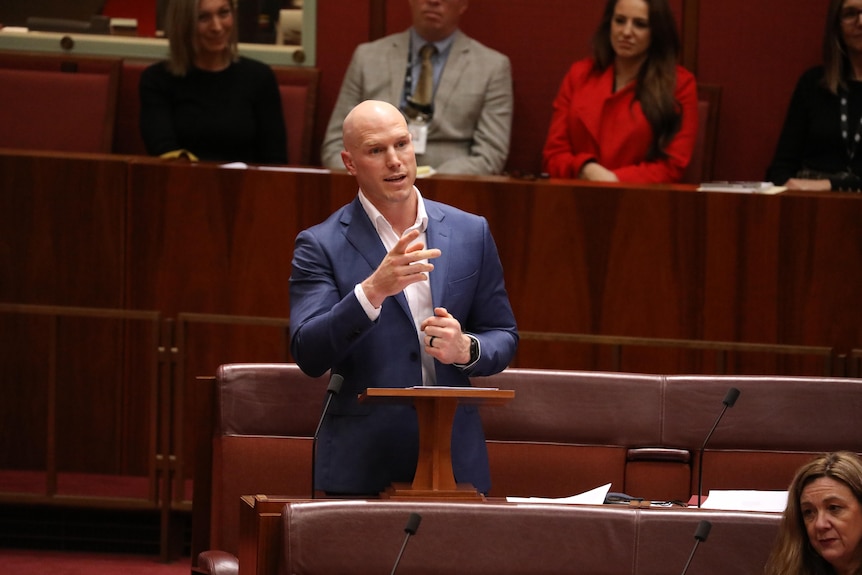 David Pocock talking in the Senate chamber.