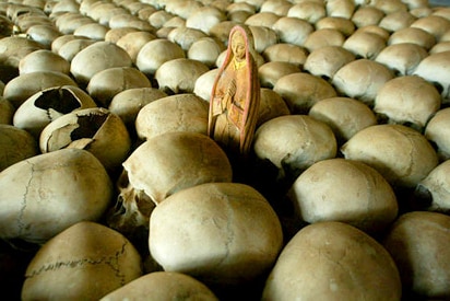 Human skulls lay in a church after the 1994 Rwandan genocide