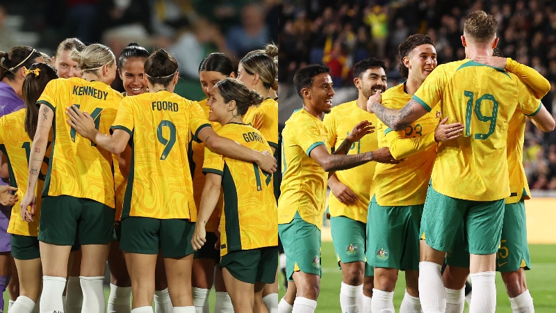 Two sports teams wearing yellow and green hug each other during games