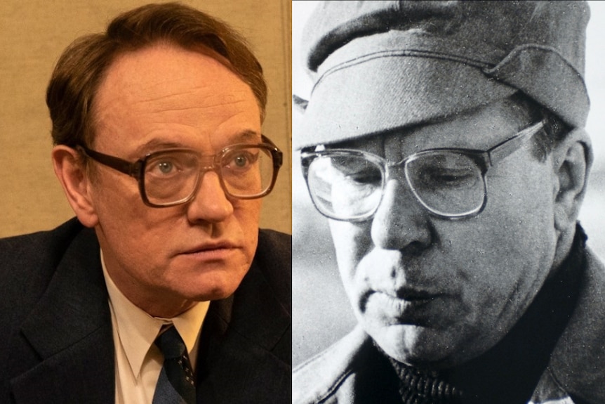 Left: Jared Harris in a suit and tie with glasses. Right: A black and white photo of Valery Legasov in glasses and a Soviet cap.