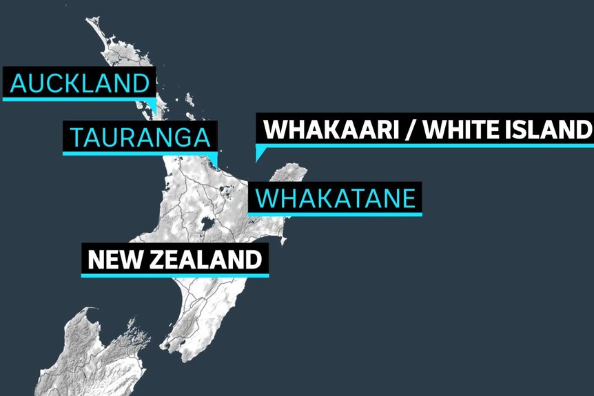 A map of New Zealand's North Island showing Whakaari / White Island in relation to the island's major cities.